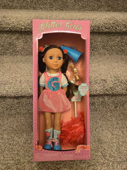 Glitter Girls – 14-Inch Cheerleader Doll – Brown Hair & Blue Eyes – Pom Poms, Pink Romper Dress, Hair Clips, Megaphone – 3+ Years - Alfie