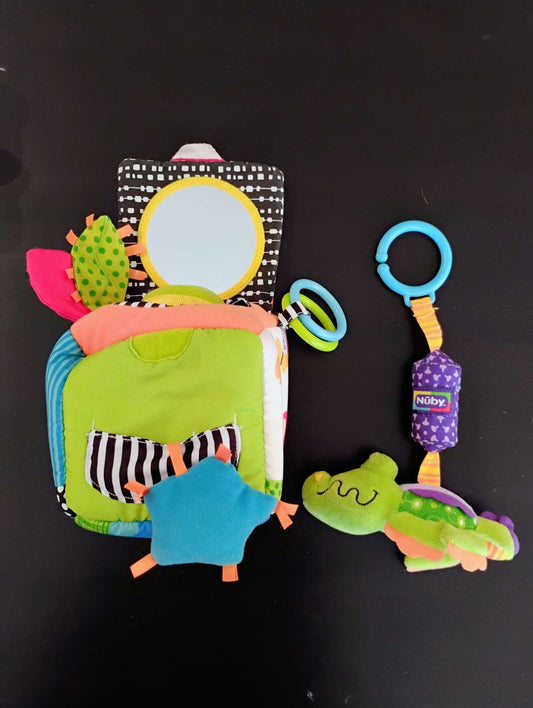 Baby peek and seek activity cube and hanging chime toy