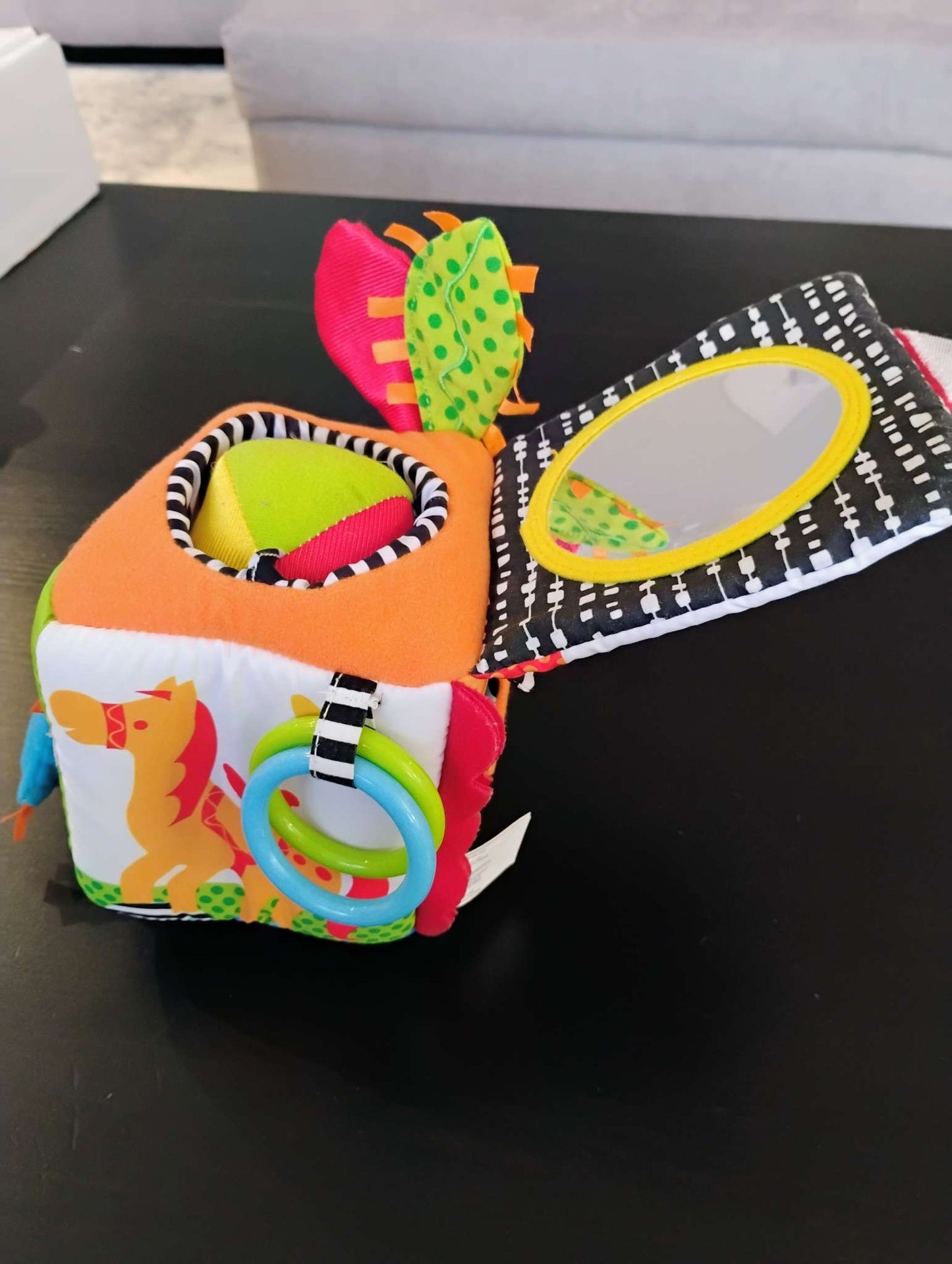 Baby peek and seek activity cube and hanging chime toy
