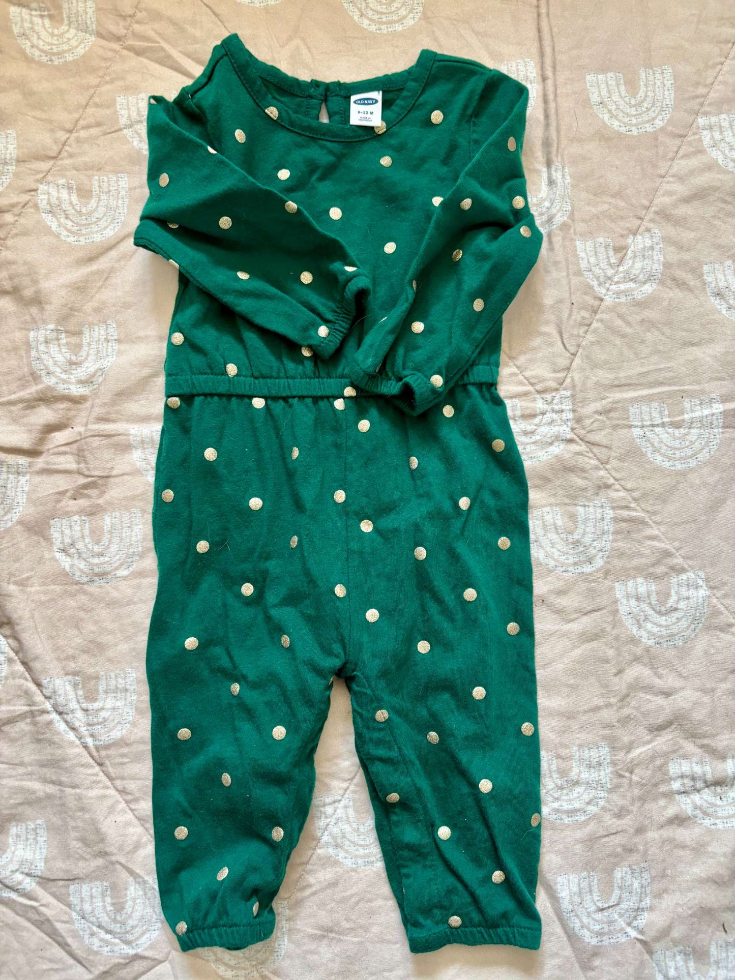 Green and Gold Polka Dot Romper, 6-12 months, Old Navy, Kids 9 Month (6-9M)