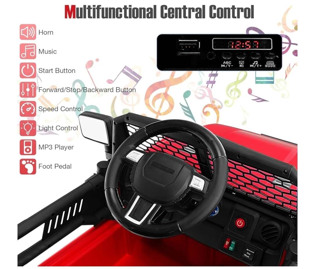 Red Ride-on Truck, with remote control and seatbelt, music, and headlights (Retails, $259.99)