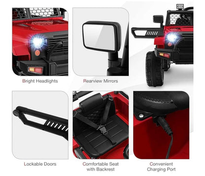 Red Ride-on Truck, with remote control and seatbelt, music, and headlights (Retails, $259.99)