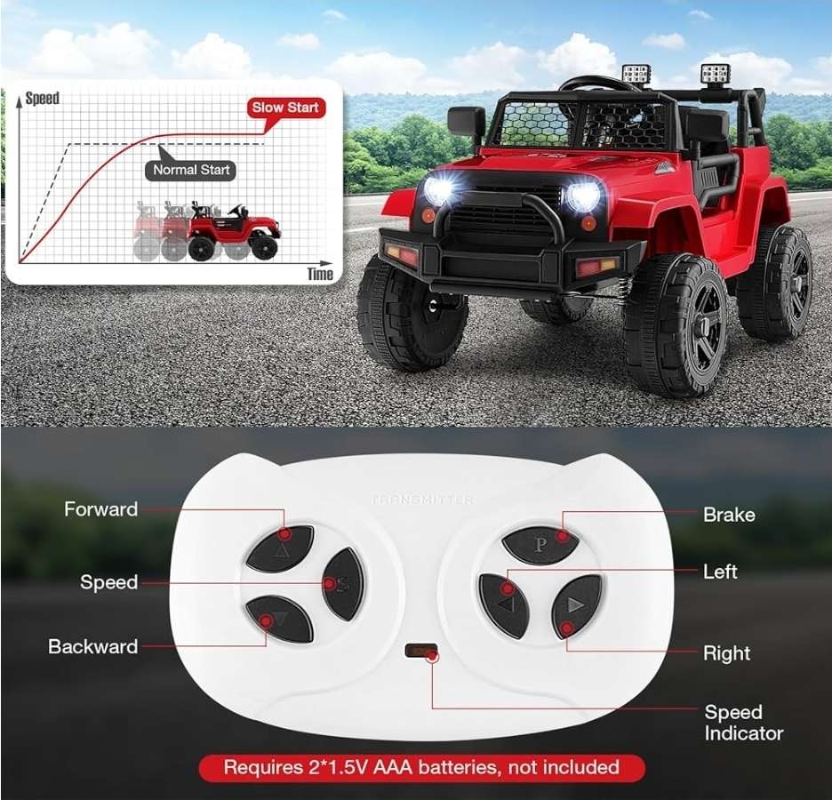 Red Ride-on Truck, with remote control and seatbelt, music, and headlights (Retails, $259.99)