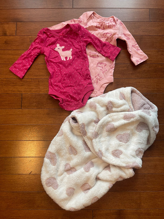 Newborn Onesies and Fuzzy Swaddle Set, 0-3 Months (Newborn)
