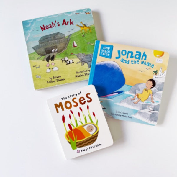 3 Christian board books (Moses, Jonah, Noah)