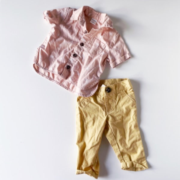 0-3 months salmon colored palm polo & old navy mustard pants