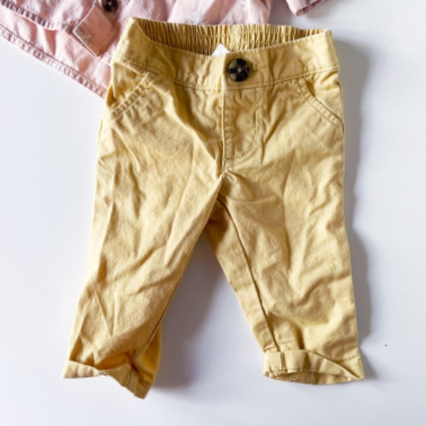 0-3 months salmon colored palm polo & old navy mustard pants