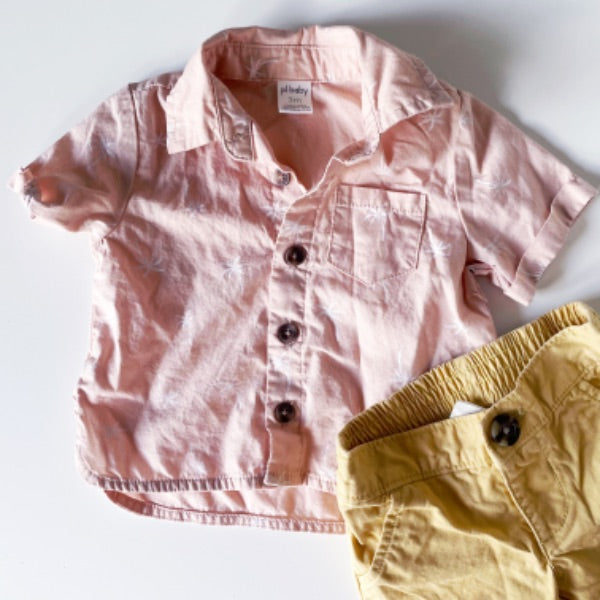 0-3 months salmon colored palm polo & old navy mustard pants