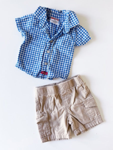 0-3m blue plaid Wrangle shirt & khaki shorts set