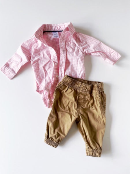 Carters 0-3m pink plaid long sleeve shirt & carters 0-3m khaki pants