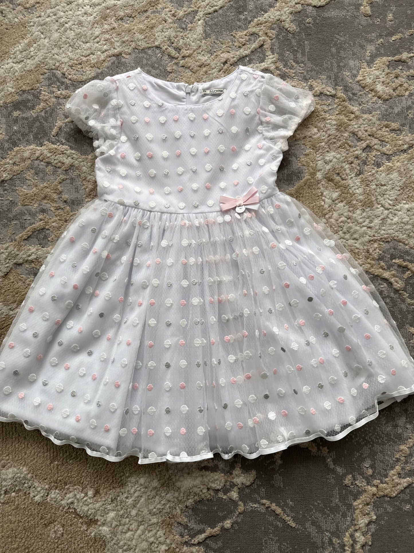 Mayoral size 6 lilac lace dress with pink, white and silver dots dress, Kids 6/6X