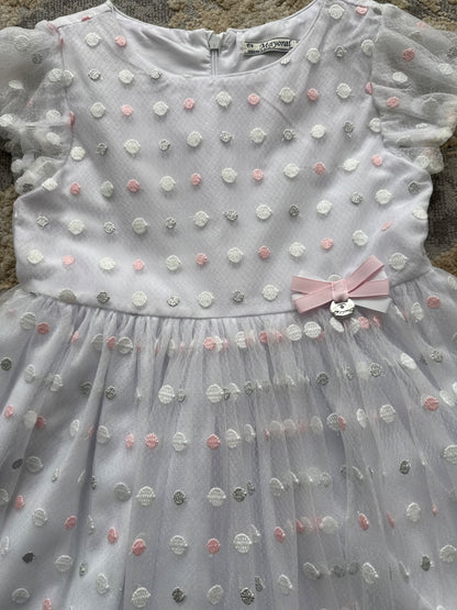 Mayoral size 6 lilac lace dress with pink, white and silver dots dress, Kids 6/6X
