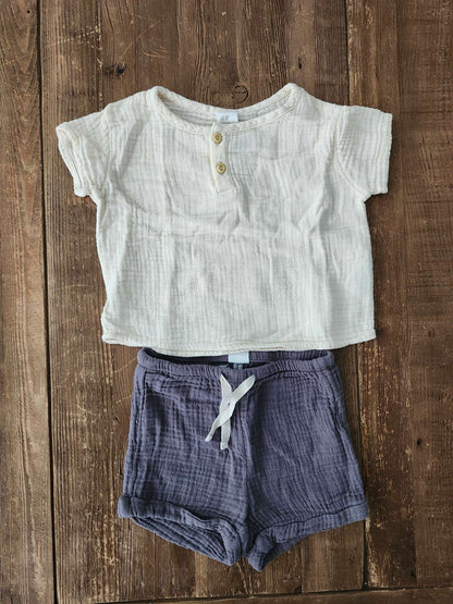 H&M, Textured-weave henley and short set, 6-9 months, EUC, Kids 9 Month (6-9M)