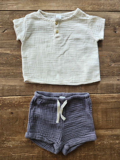 H&M, Textured-weave henley and short set, 6-9 months, EUC, Kids 9 Month (6-9M)