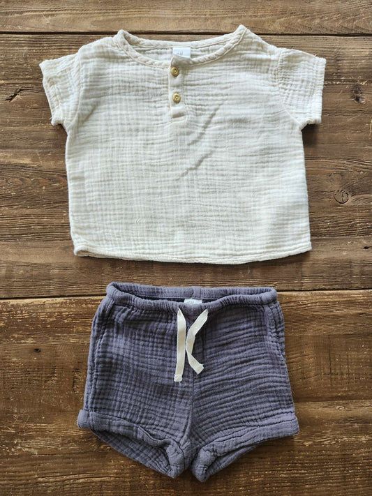 H&M, Textured-weave henley and short set, 6-9 months, EUC, Kids 9 Month (6-9M)