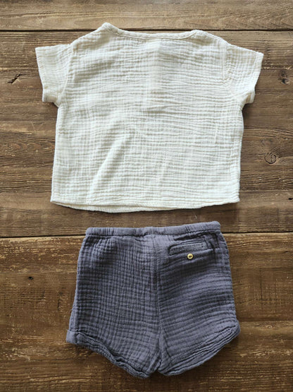 H&M, Textured-weave henley and short set, 6-9 months, EUC, Kids 9 Month (6-9M)