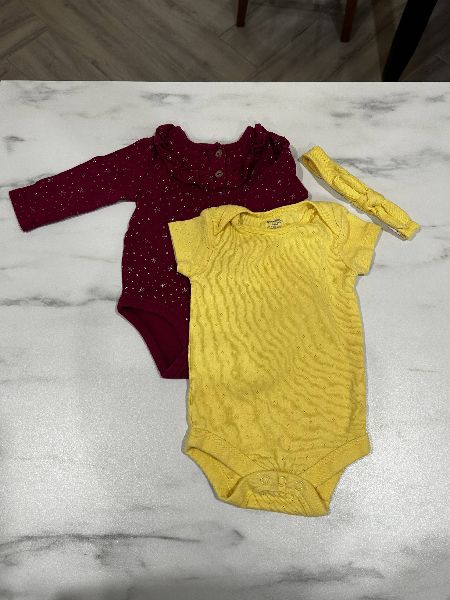 1 Carter and 1 George Onesies - Dark Pink and Yellow with head band