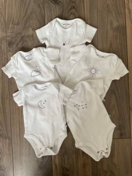 White Onesie Set, Stars, Moons, Sun, Clouds, Kids 3 Month (0-3M)