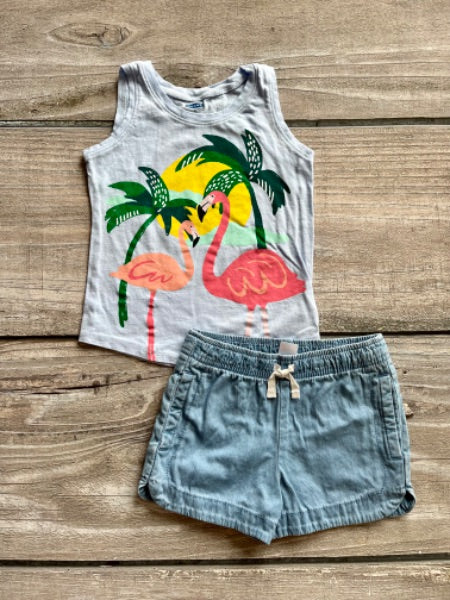 Old Navy size 4 girls flamingos top and Carter’s size 4 chambray shorts outfit, Kids 4/4T