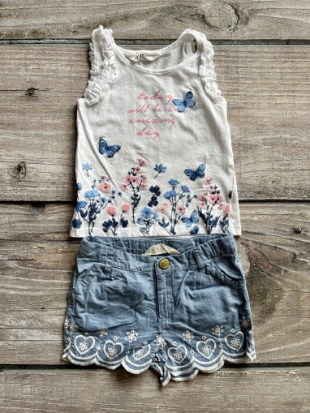 H&M size 2-4Y girls butterfly top and size 2-3Y chambray shorts outfit, Kids 4/4T