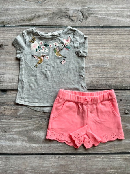 H&M size 2-4 girls hummingbird floral tshirt and Osh Kosh 2T shorts, Kids 4/4T