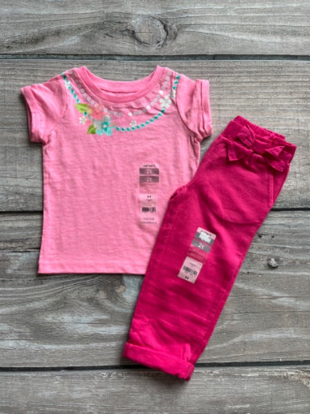 Carter’s size 2 girls pink top and bow pants outfit, brand new with tags, Kids 2T