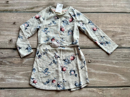 H&M size 4-6 girls french terry spring birds themed sweatshirt dress with belt, brand new with tags, Kids 6/6X (extra small)