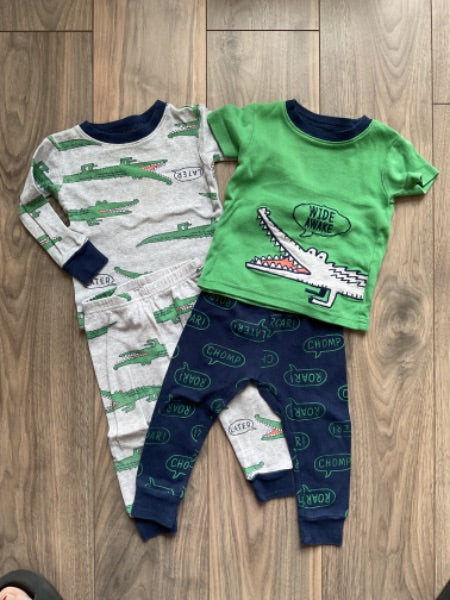 Grey and Green Dinosaur 4 Piece Pajama Set, Kids 12 Month (9-12M)