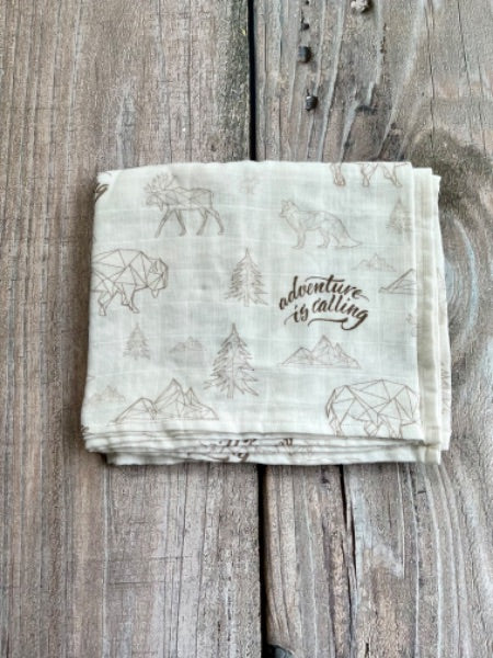 Adventure Is Calling organic cotton muslin, small shop, brand new