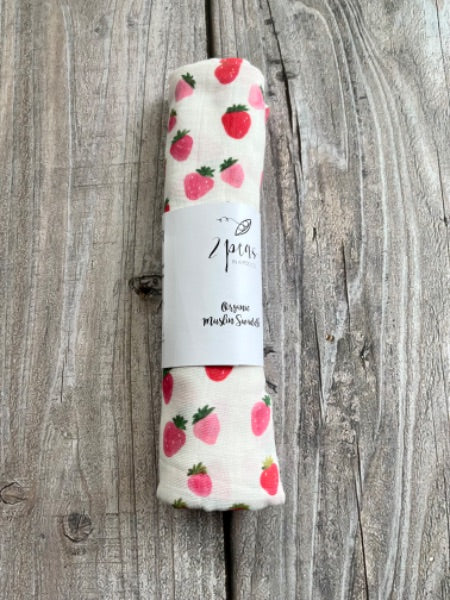 Small shop handcrafted organic cotton muslin swaddle, strawberries, brand new, 0-6 Months (Small)