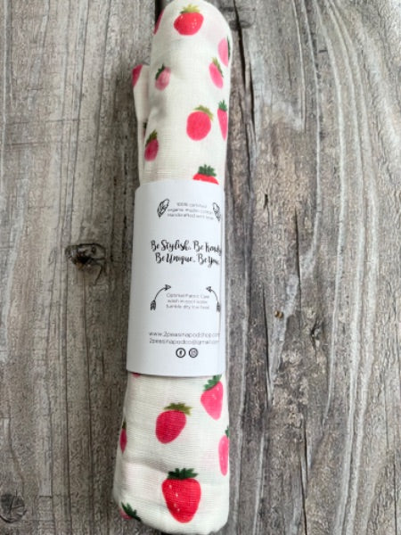 Small shop handcrafted organic cotton muslin swaddle, strawberries, brand new