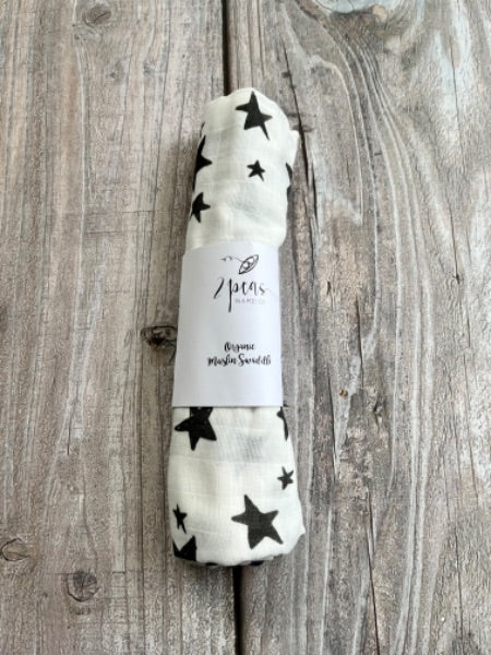 Small shop handcrafted organic cotton muslin swaddle, monochrome stars, brand new, 0-6 Months (Small)