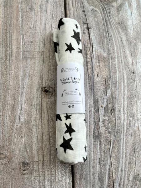 Small shop handcrafted organic cotton muslin swaddle, monochrome stars, brand new, 0-6 Months (Small)