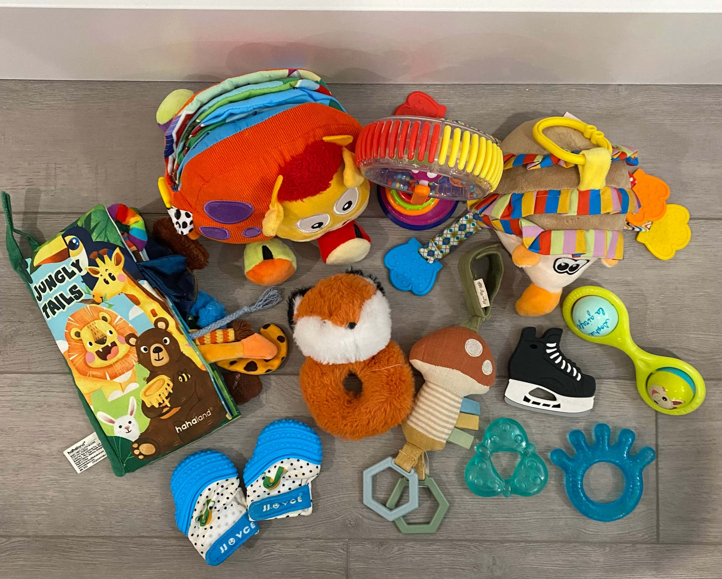 Baby toy bundle including cay+co hockey skate teether