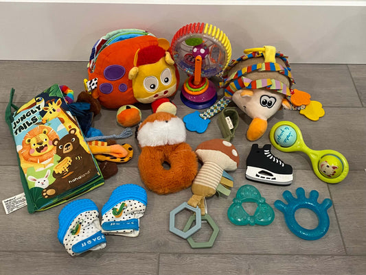 Baby toy bundle including cay+co hockey skate teether