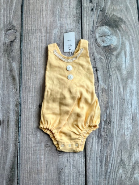 Small shop handcrafted 18m baby girl tie-back linen romper, butterscotch yellow, new with tags, Kids 18 Month (12-18M)