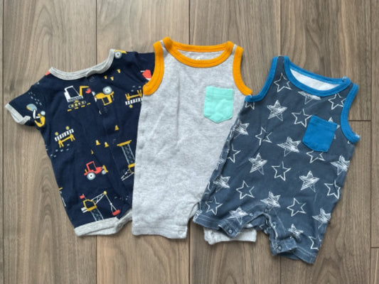 Baby Boy Grey, Stars and Construction Rompers, Kids Newborn