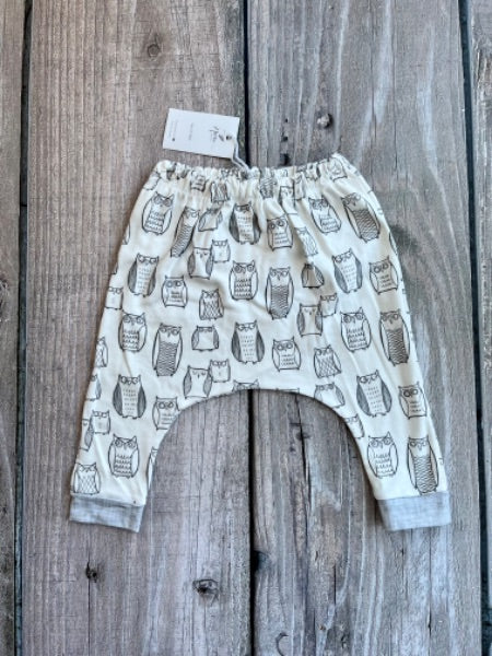 Small shop handcrafted 12-18m baby slouchy pants/sweatpants, grey owls, new with tags, Kids 18 Month (12-18M)