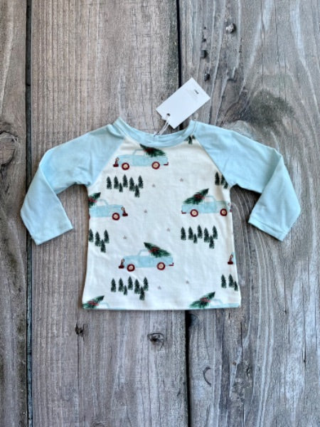 Small shop handcrafted 12-18m boys raglan top/long sleeve top, blue truck/pine trees, new with tags, Kids 18 Month (12-18M)