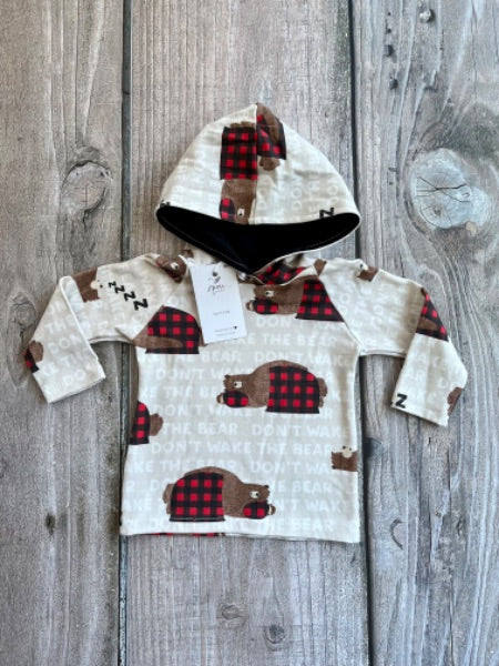 Small shop handcrafted 6-12m baby hoodie top, don’t wake the bear/plaid, new with tags, Kids 12 Month (9-12M)