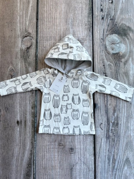 Small shop handcrafted 3-6m baby hoodie top, grey owls, new with tags, Kids 6 Month (3-6M)