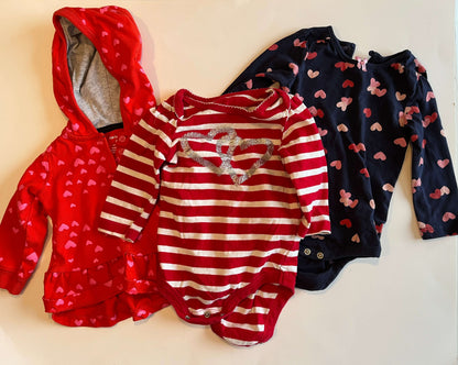 Girls' Valentine's Day bundle:  Hooded heart shirt – Carter's, size 9 months Two onesies – Joe Fresh & George, size 6-12 months, Kids 9 Month (6-9M)