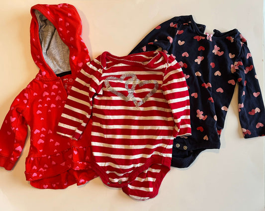 Girls' Valentine's Day bundle:  Hooded heart shirt – Carter's, size 9 months Two onesies – Joe Fresh & George, size 6-12 months, Kids 9 Month (6-9M)