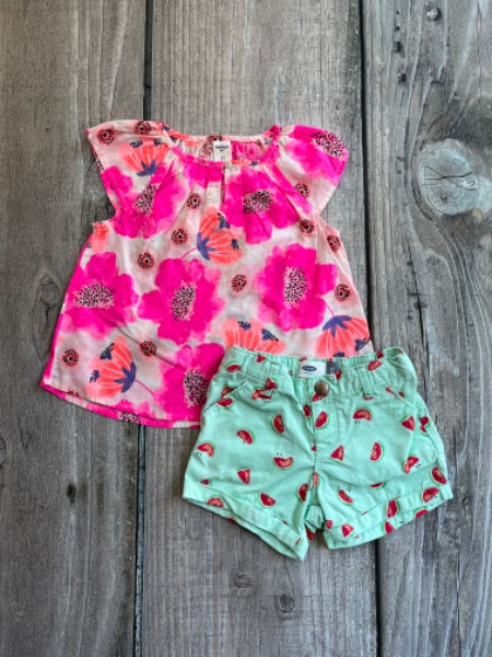 Osh Kosh size 3 girls floral blouse top and Old Navy size 3 watermelon shorts, Kids 3T