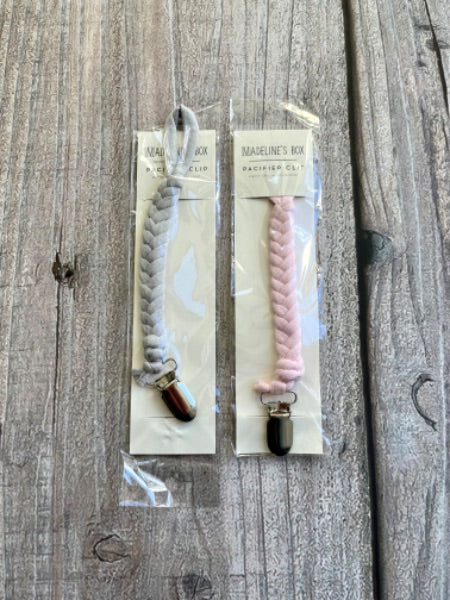 Small shop set of 2 braided pacifier clips, light grey and light pink, new in package