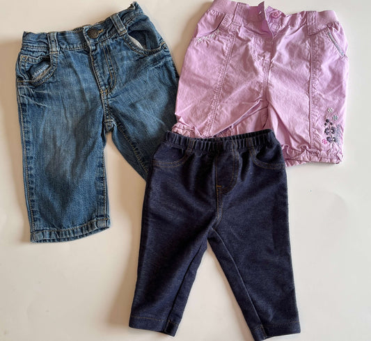 Set of girls' 3-month pants and long shorts:  Old Navy – Jeans, size 3-6 months Carter's – Leggings, size 3 months TU – Purple shorts, size 3-6 months, Kids 6 Month (3-6M)