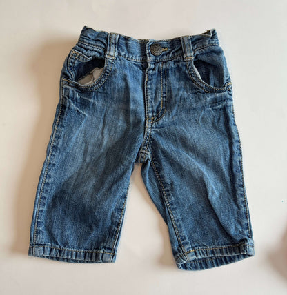 Set of girls' 3-month pants and long shorts:  Old Navy – Jeans, size 3-6 months Carter's – Leggings, size 3 months TU – Purple shorts, size 3-6 months, Kids 6 Month (3-6M)