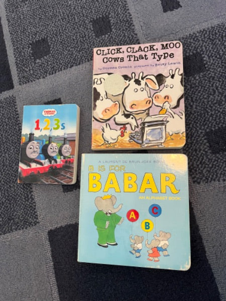 3 books - alphabet, numbers, click clack moo