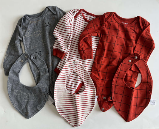 Boys' Carter's long-sleeve onesies with matching bibs, size 6 months (set of three)., Kids 6 Month (3-6M)