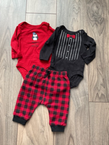 Black Tuxedo Onesie, Red Penguin and Checkered Pants, Kids 3 Month (0-3M)